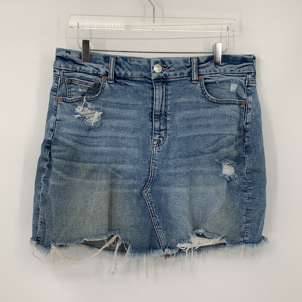 American Eagle Curvy High rise mini skirt jeans denim blue distressed 16 LONG